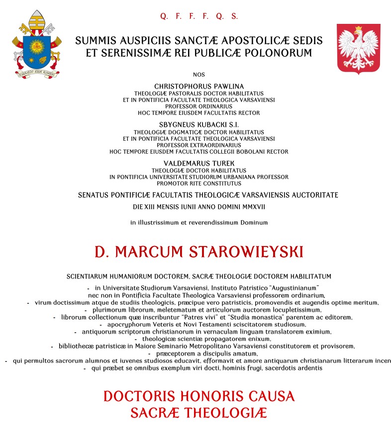 Doktorat Honoris Causa dla ks. prof. dr hab Marka Starowieyskiego